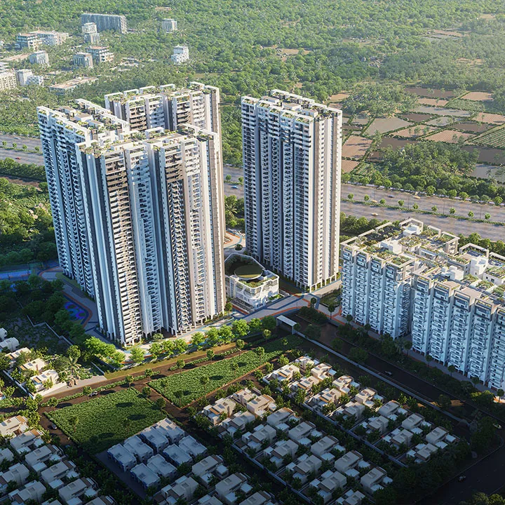 Anvita Ivana from the air, its towers beside the ORR and the villas around them