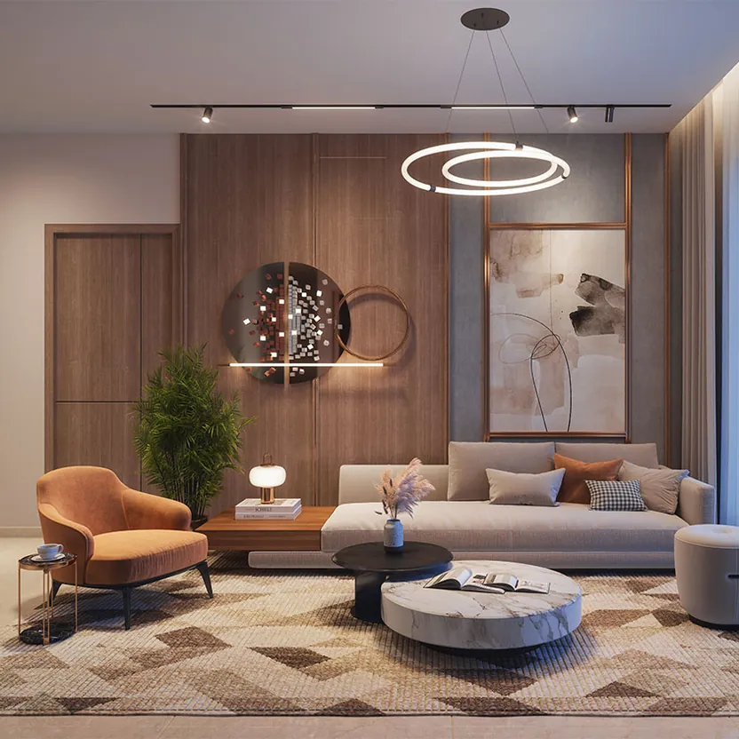 A living room with timber panelling and a ring light
