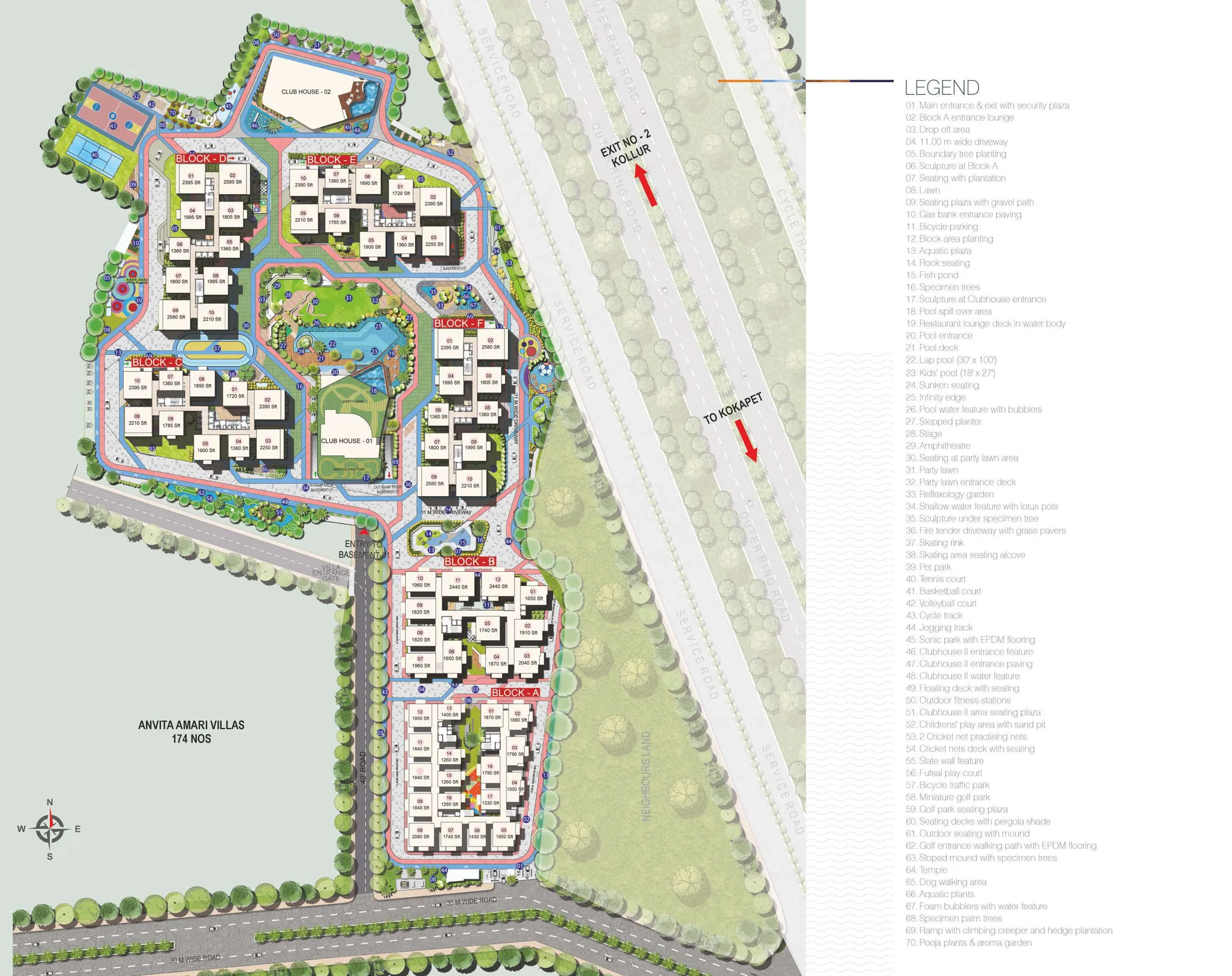 Master plan of Anvita Ivana with the six towers around a central park, two clubhouses, pools, courts and a numbered legend