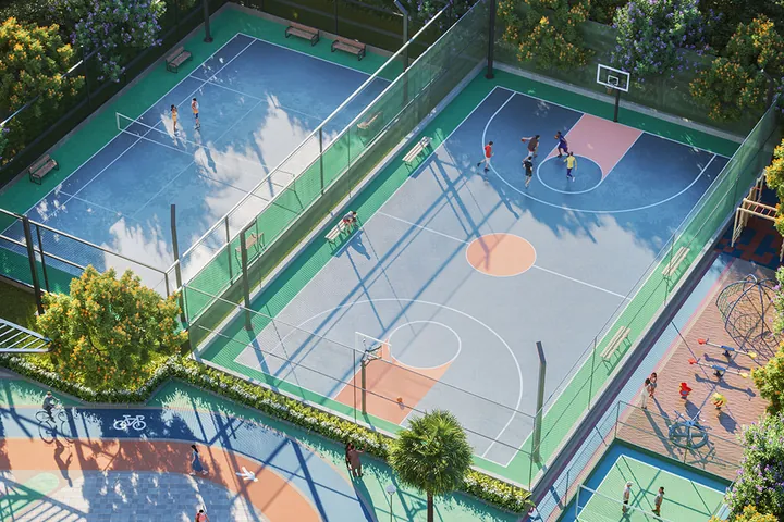 Tennis and basketball courts among trees, seen from above